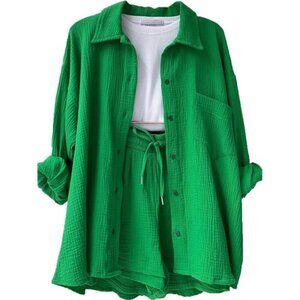 Textured Button Up Shirt and Shorts Set